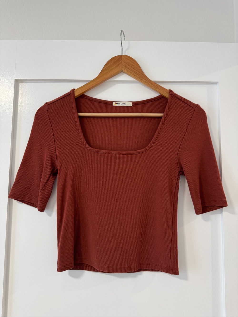 Marine Layer Square Neck Short Sleeve Ribbed Top - Rust